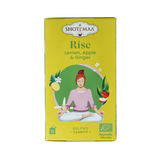 Shoti Maa Rise bio coffee and tea bags packaging, featuring 16 organic coffee and tea sachets in a resealable packet.