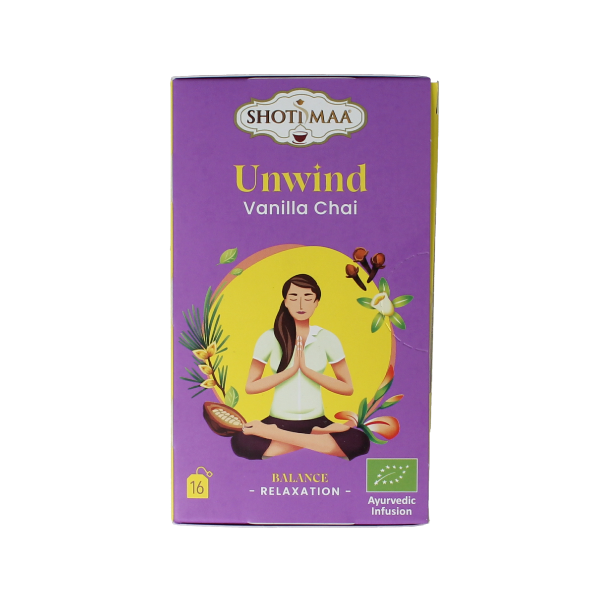 Shoti Maa Unwind bio coffee and tea sachets, 16-pack, featuring organic herbal blend in individual packaging.