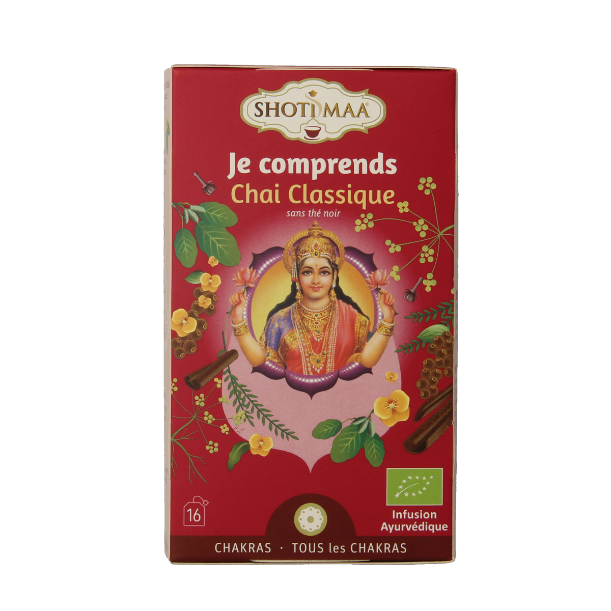 Shoti Maa Harmony bio coffee and tea sachets, 16-pack, featuring herbal and organic blends in individual packaging.