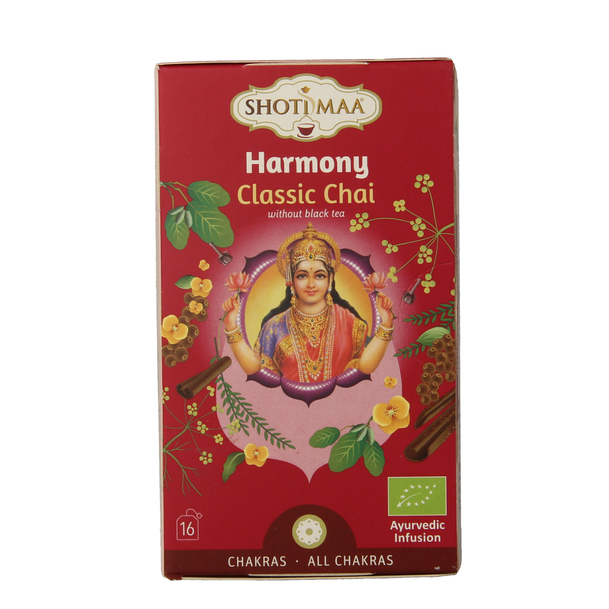 Shoti Maa Harmony bio coffee and tea mix in 16 biodegradable sachets, featuring herbal and aromatic ingredients.