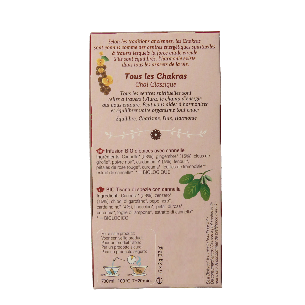 Shoti Maa Harmony bio coffee and tea sachets, 16-pack, with herbal blend, shown in a clear package with green and natural tones.