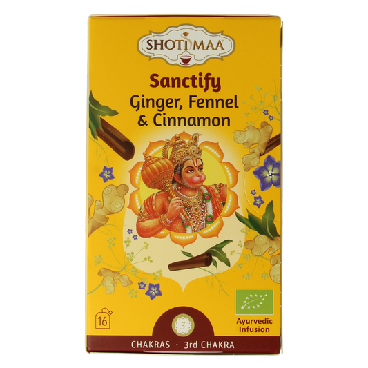 Shoti Maa Sanctify bio coffee and tea sachets, organic, with 16 servings, in a resealable packet.