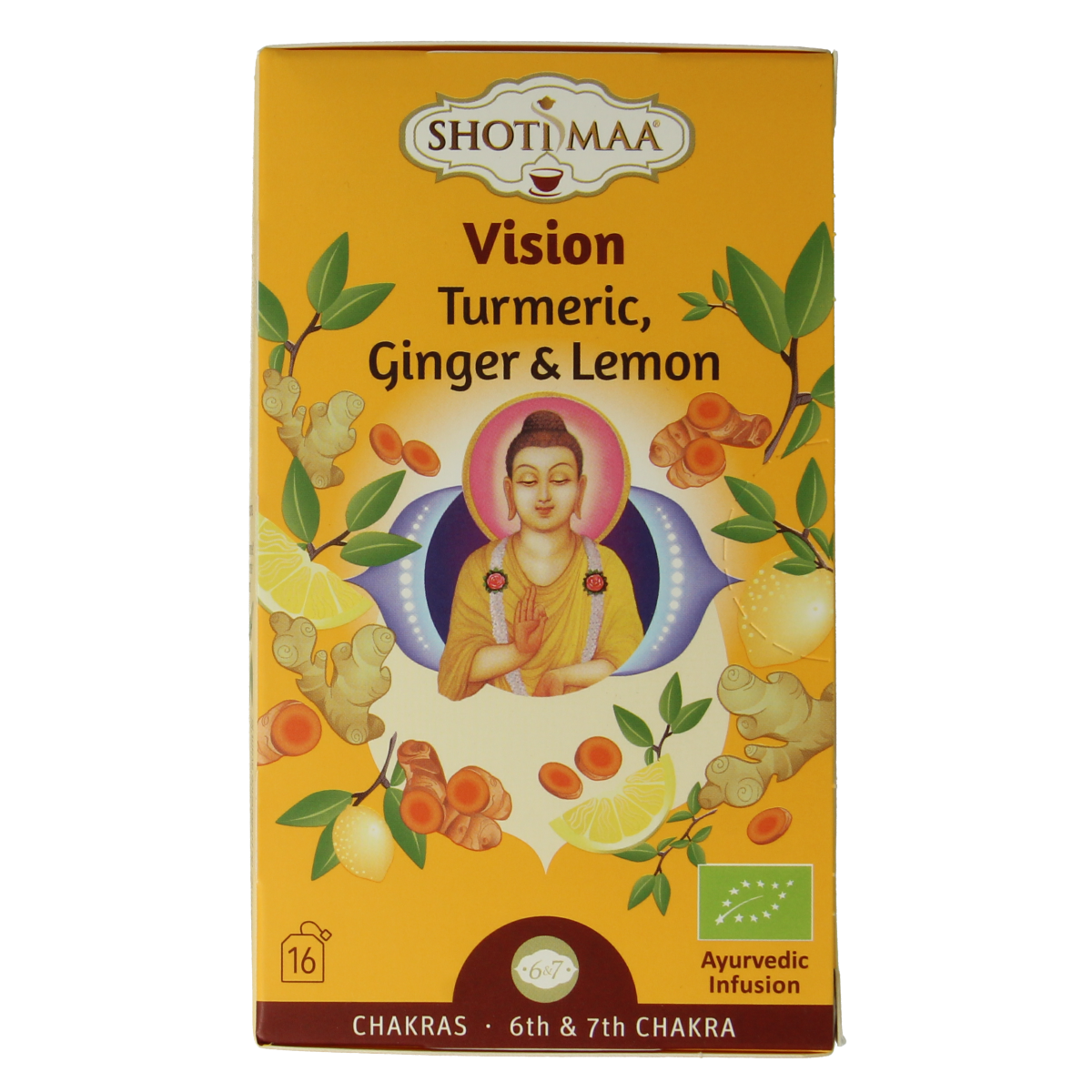 Shoti Maa Vision bio coffee and tea mix in 16 biodegradable sachets, with colorful packaging and natural ingredients visible.