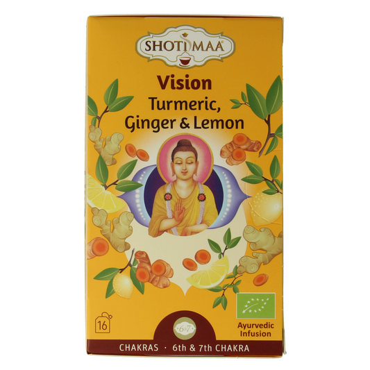 Shoti Maa Vision bio coffee and tea mix in 16 biodegradable sachets, with colorful packaging and natural ingredients visible.