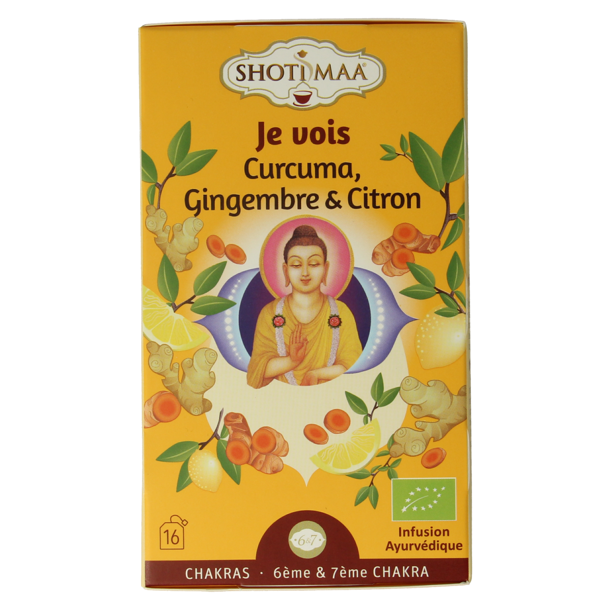 Shoti Maa Vision bio coffee and tea sachets in a box, featuring colorful packaging and 16 individual servings.