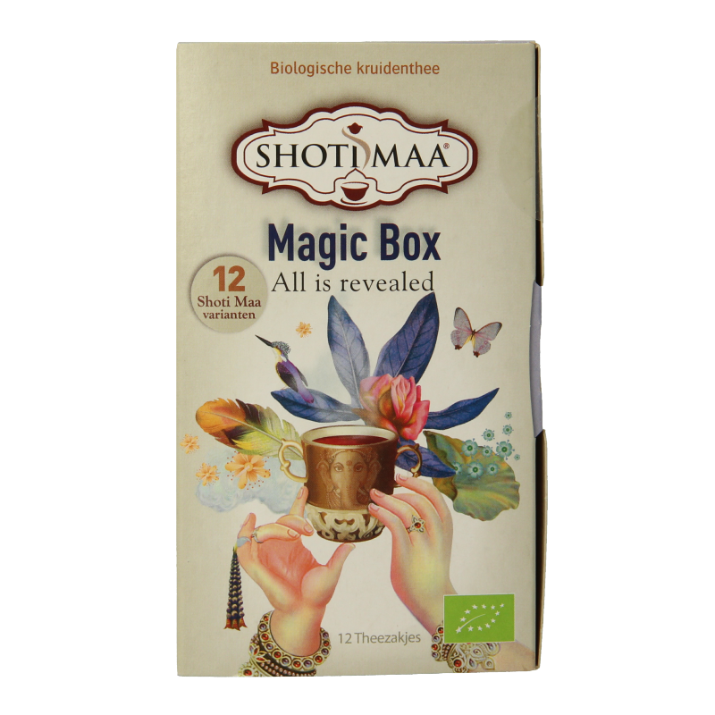 Shoti Maa Magic box bio with 12 sachets, featuring a variety of organic coffee and tea blends in colorful packaging.