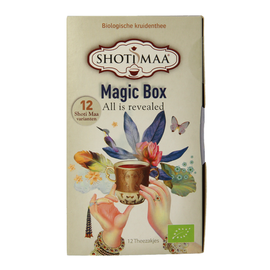 Shoti Maa Magic box bio with 12 sachets, featuring a variety of organic coffee and tea blends in colorful packaging.