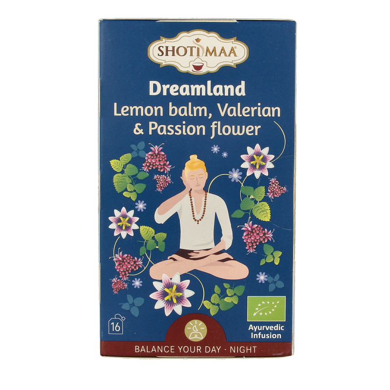 Shoti Maa Dreamland herbal tea with lemon balm, valerian, and passionflower in 16 organic sachets, calming and soothing.