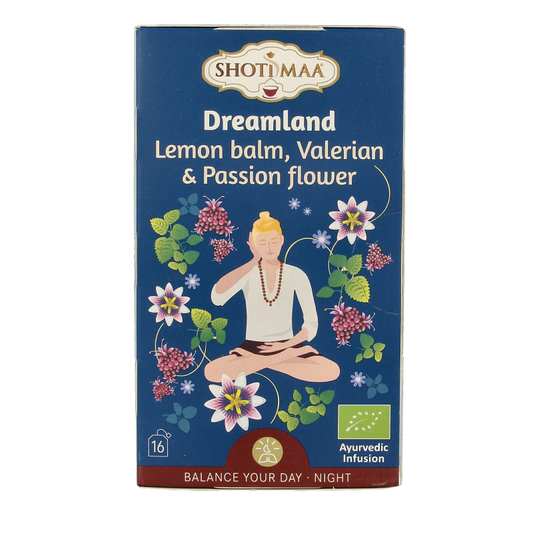 Shoti Maa Dreamland herbal tea with lemon balm, valerian, and passionflower in 16 organic sachets, calming and soothing.