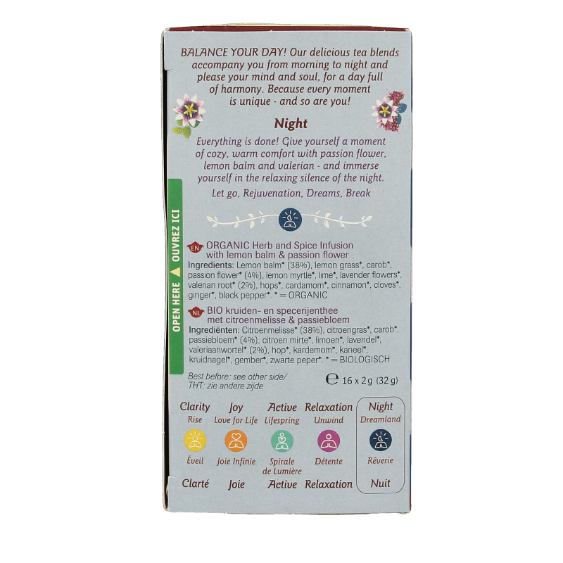 Shoti Maa Dreamland herbal tea with lemon balm, valerian, and pass flower in 16 bio sachets, relaxing caffeine-free tea blend.