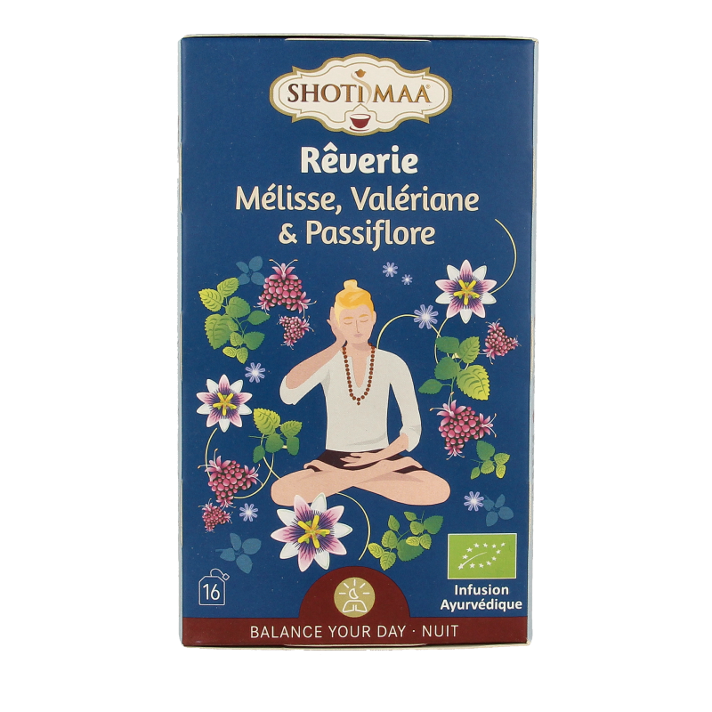 Shoti Maa Dreamland herbal tea with lemon balm, valerian, and passion flower in 16 bio tea bags, natural relaxation blend.