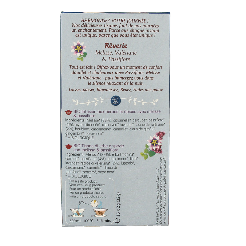 Shoti Maa Dreamland herbal tea with lemon balm, valerian, and pass flower in a box of 16 tea bags, natural wellness blend.