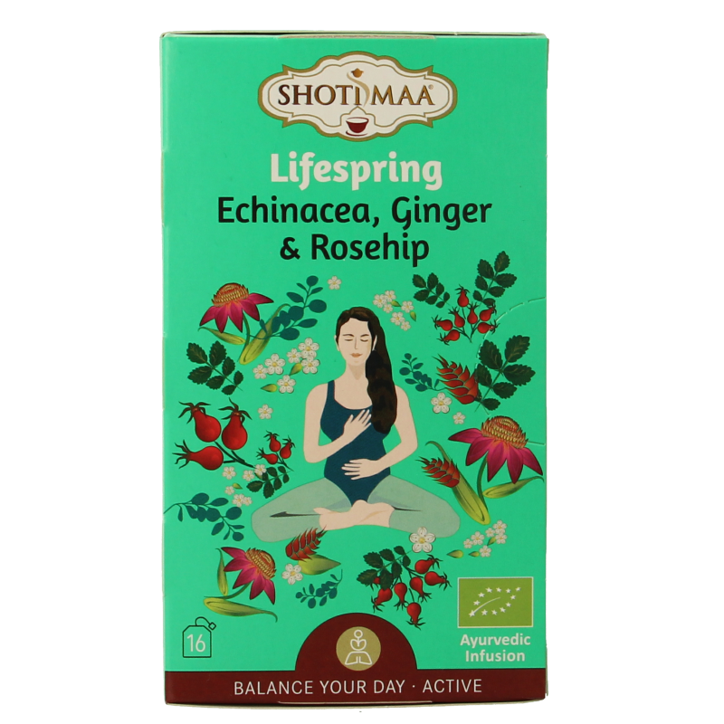Shoti Maa Lifespring organic tea bags with echinacea, ginger, and rosehip in a package, suitable for herbal tea and coffee.
