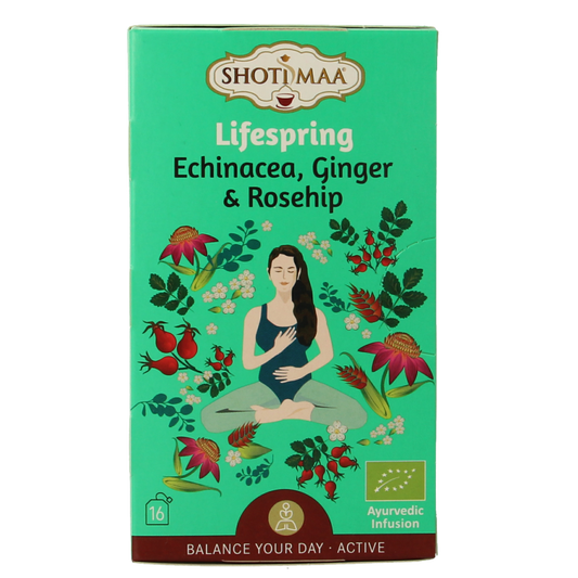 Shoti Maa Lifespring organic tea bags with echinacea, ginger, and rosehip in a package, suitable for herbal tea and coffee.