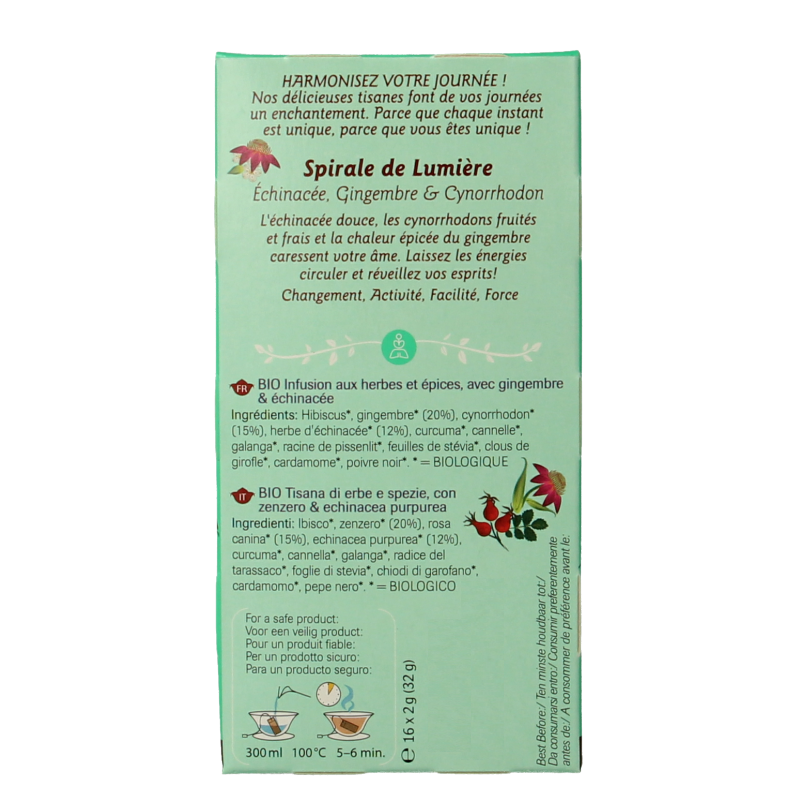 Shoti Maa Lifespring organic herbal tea with echinacea, ginger, and rosehip in a 16-pack, showcased in a vibrant tea bag image.