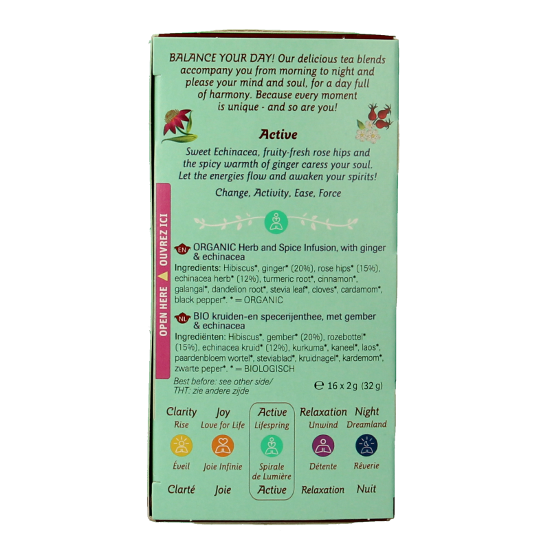 Shoti Maa Lifespring herbal tea with echinacea, ginger, and rosehip in a box of 16 sachets, showcasing dried herbs and packaging.