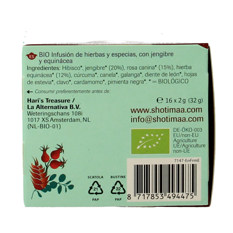 Shoti Maa bio herbal tea sachets with echinacea, ginger, and rosehip in a box, for natural wellness and immune support.