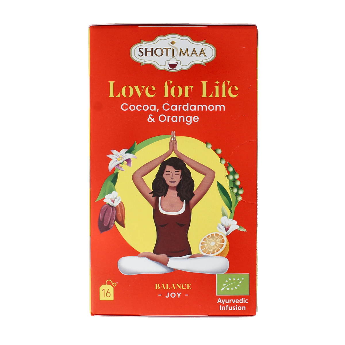 Shoti Maa Love for Life cocoa, cardamom, and orange organic tea bags, 16-pack, in colorful packaging.