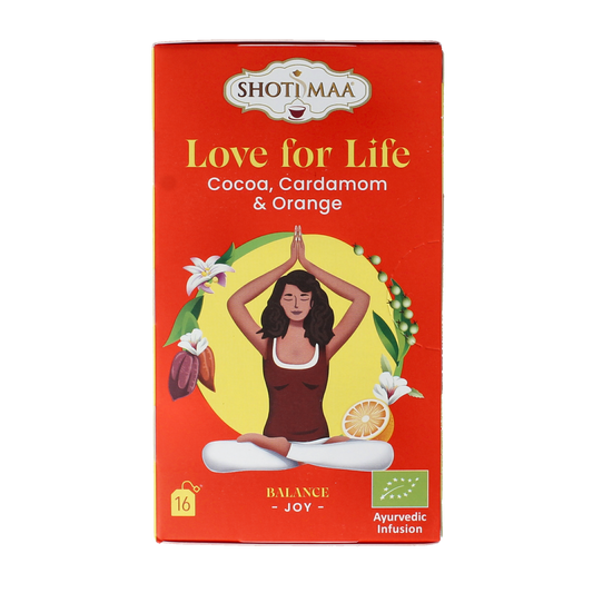 Shoti Maa Love for Life cocoa, cardamom, and orange organic tea bags, 16-pack, in colorful packaging.