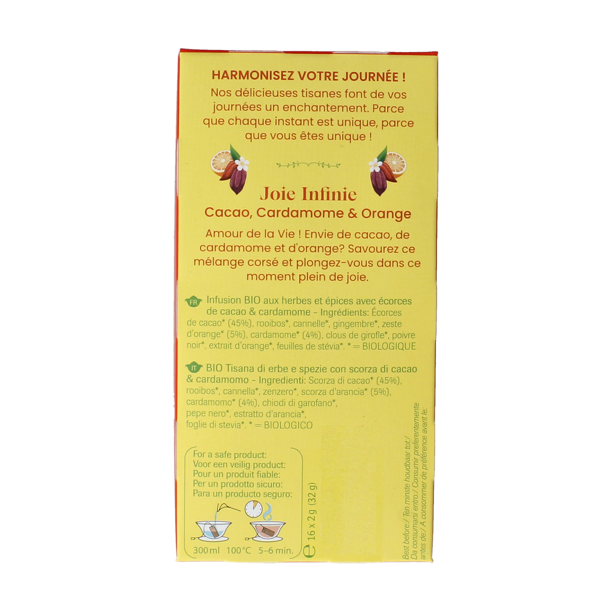 Shoti Maa Love for Life bio coffee, cardamom and orange tea in a 16-pack of bags, featuring a colorful floral design.
