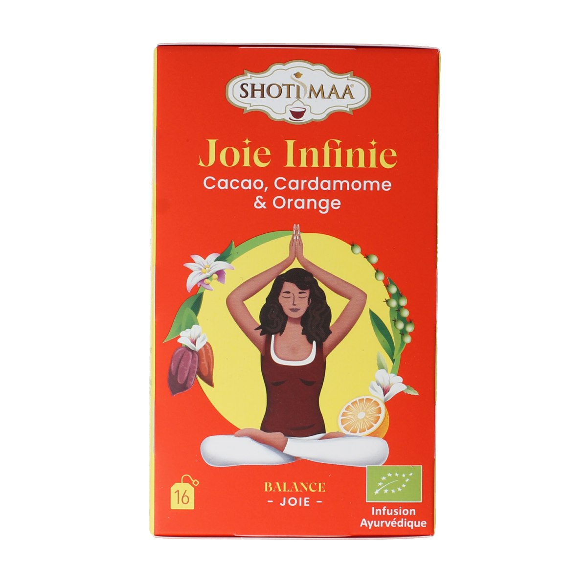 Shoti Maa Love for Life cocoa, cardamom, and orange organic tea in 16 bags, featuring vibrant packaging with tea leaves and citrus.