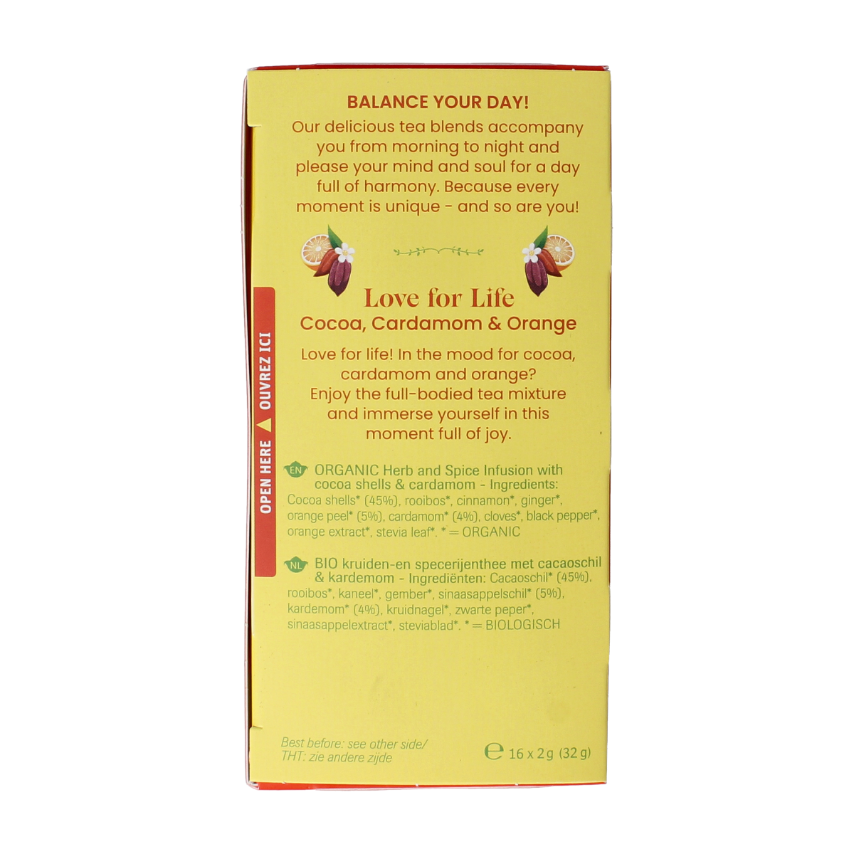 Shoti Maa Love for Life cocoa, cardamom, and orange organic tea in a box with 16 sachets, featuring vibrant packaging.
