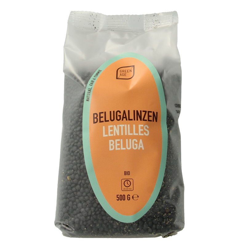 Greenage Beluga organic lentils in a 500g package, with fresh green lentils visible in the image.