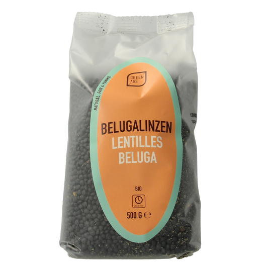 Greenage Beluga organic lentils in a 500g package, with fresh green lentils visible in the image.
