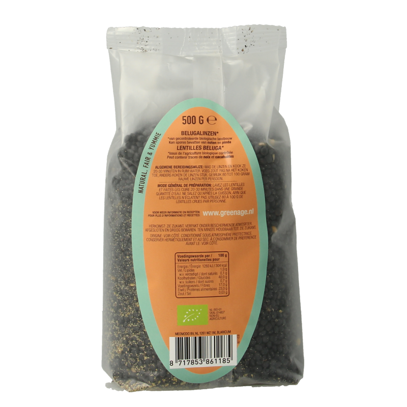 Greenage Beluga organic lentils in a 500g package, shown in a natural setting with fresh green lentils inside.