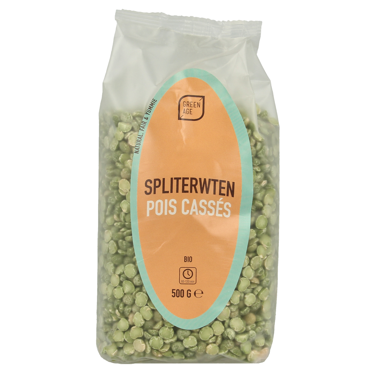 Greenage organic split peas in 500g package, raw green lentils for cooking, part of vegetable and fruit products.