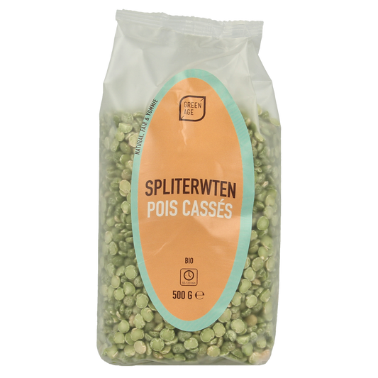 Greenage organic split peas in 500g package, raw green lentils for cooking, part of vegetable and fruit products.