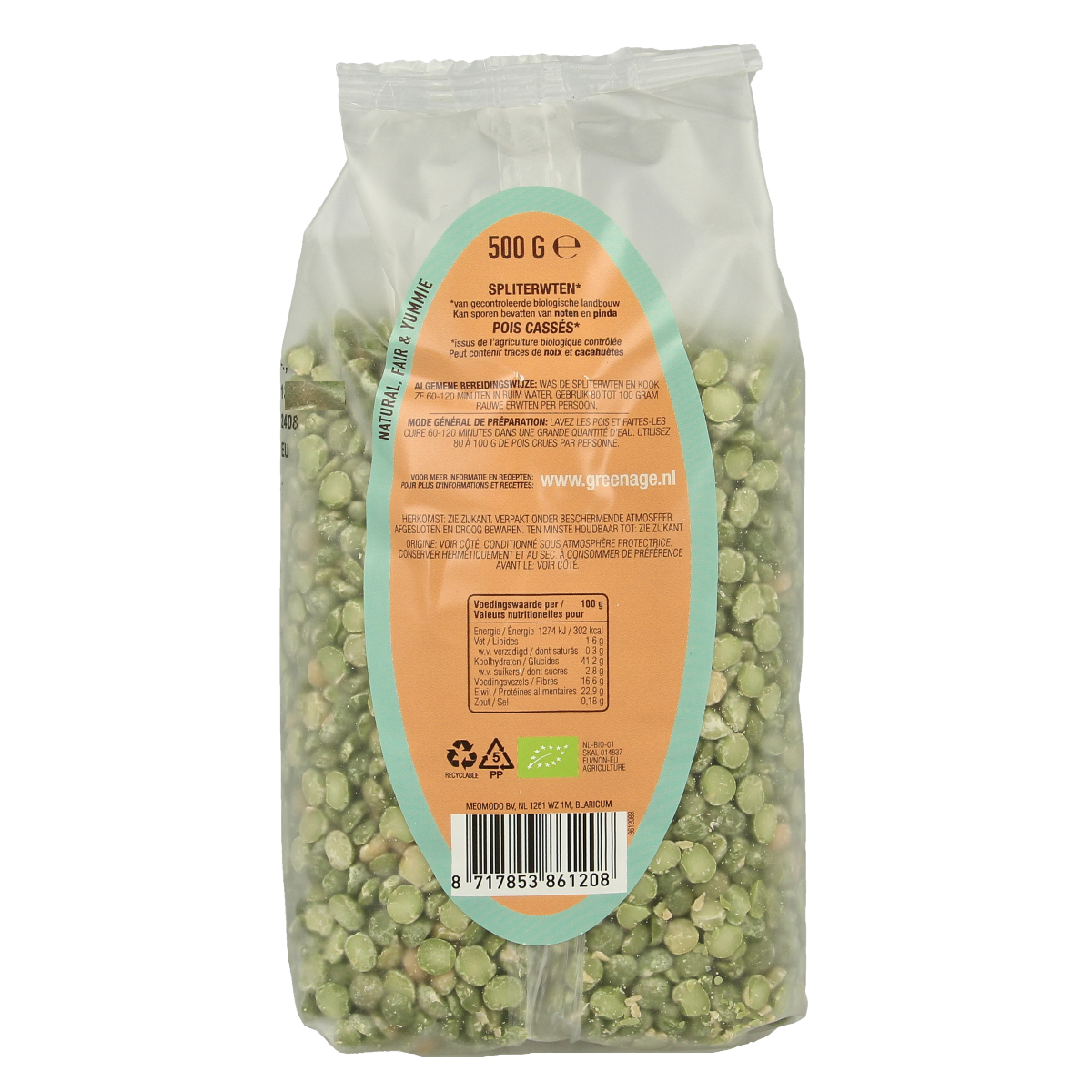 Greenage organic split peas in a 500g package, fresh green legume for cooking or soups.