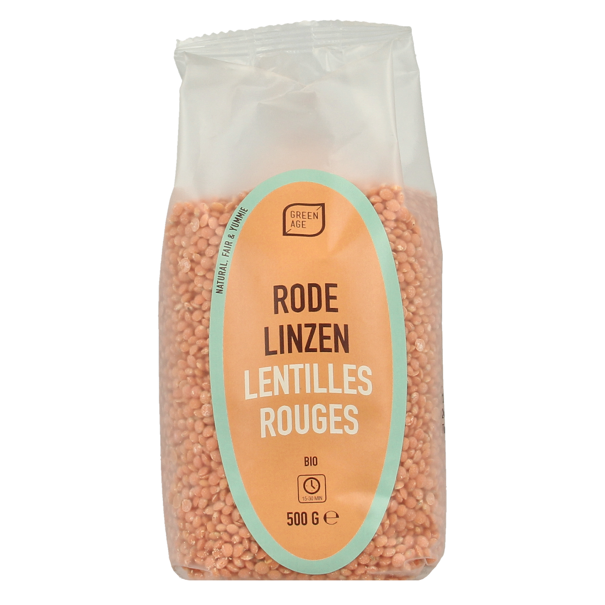 Greenage Rode linzen bio in 500g packaging, fresh organic lentils for cooking and healthy meals.