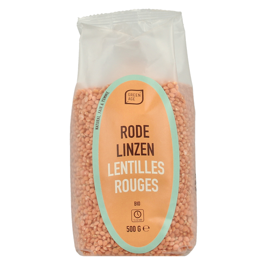 Greenage Rode linzen bio in 500g packaging, fresh organic lentils for cooking and healthy meals.