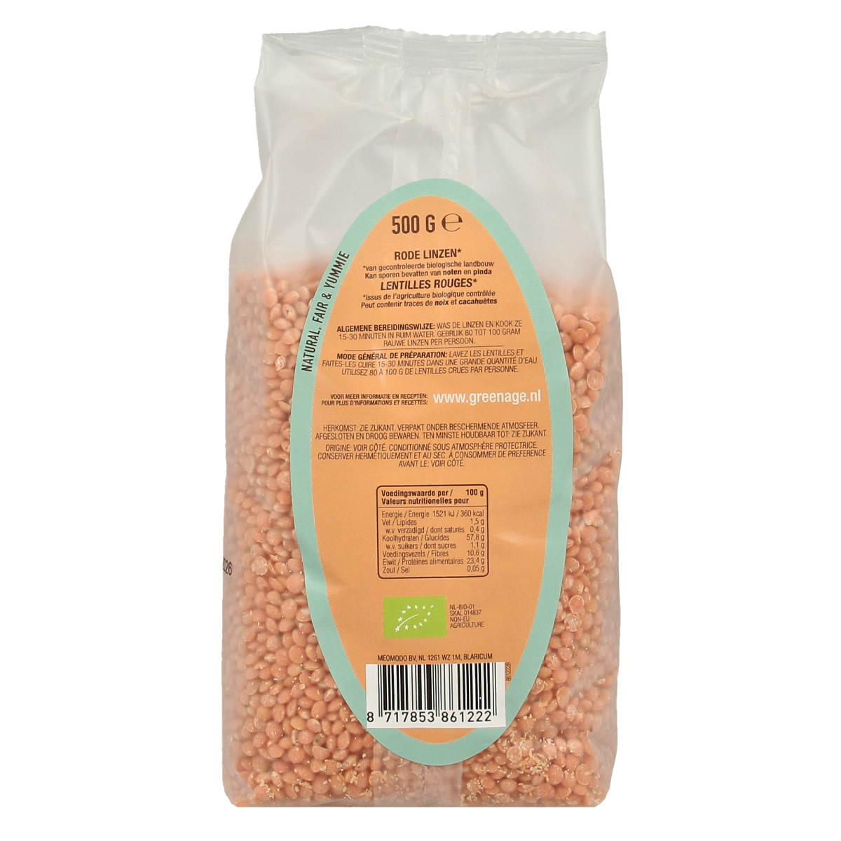 Greenage organic rode linzen (red lentils) in a 500g package, fresh and ready for cooking, from the vegetable and fruit category.