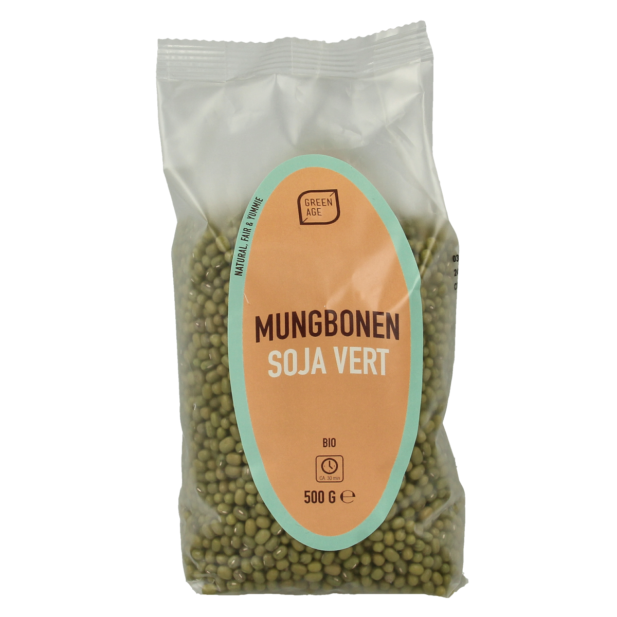 Organic Greenage mung beans in 500g package, fresh green leguminous vegetables for cooking and healthy meals.