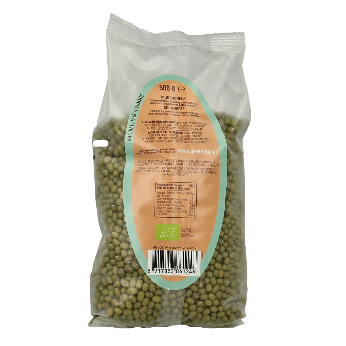 Organic Greenage mung beans in a 500g package, fresh green legumes suitable for cooking and healthy meals.