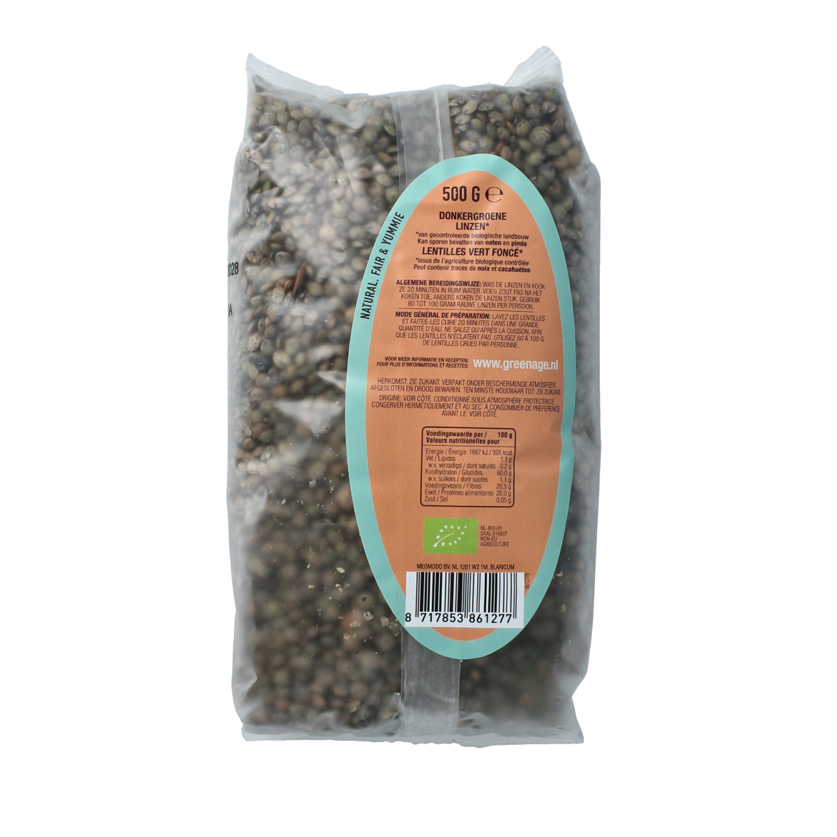 Greenage organic dark green lentils in 500g package, fresh and healthy legumes for cooking or meal prep.