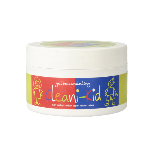 Cleani Kid Hoofdluis gel in 200ml bottle, hair care product for lice treatment, with green and white packaging.
