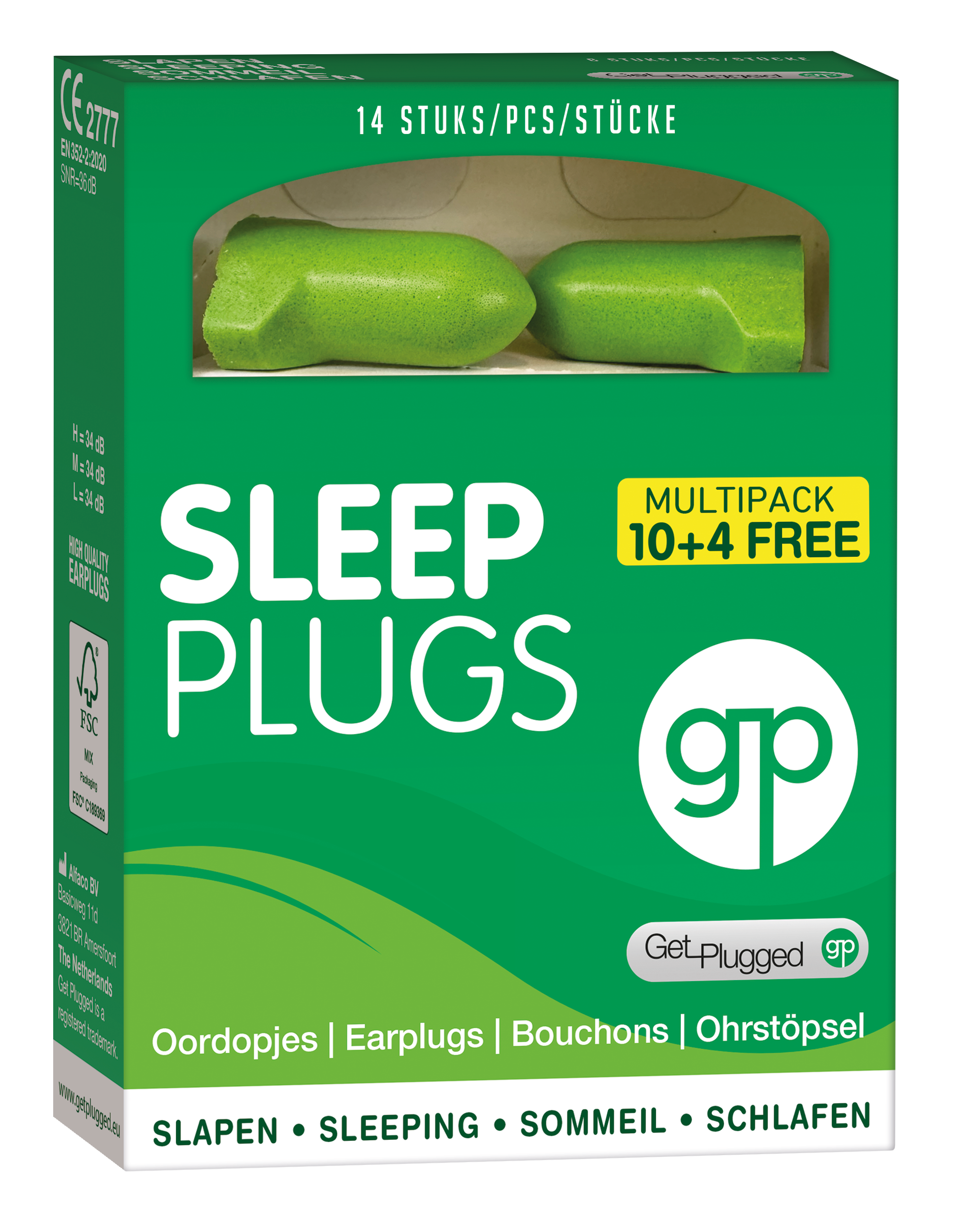 Get Plugged Sleep plugs oordopjes for hearing protection, shown in a pair with soft silicone tips on a white background.