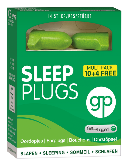 Get Plugged Sleep plugs oordopjes for hearing protection, shown in a pair with soft silicone tips on a white background.