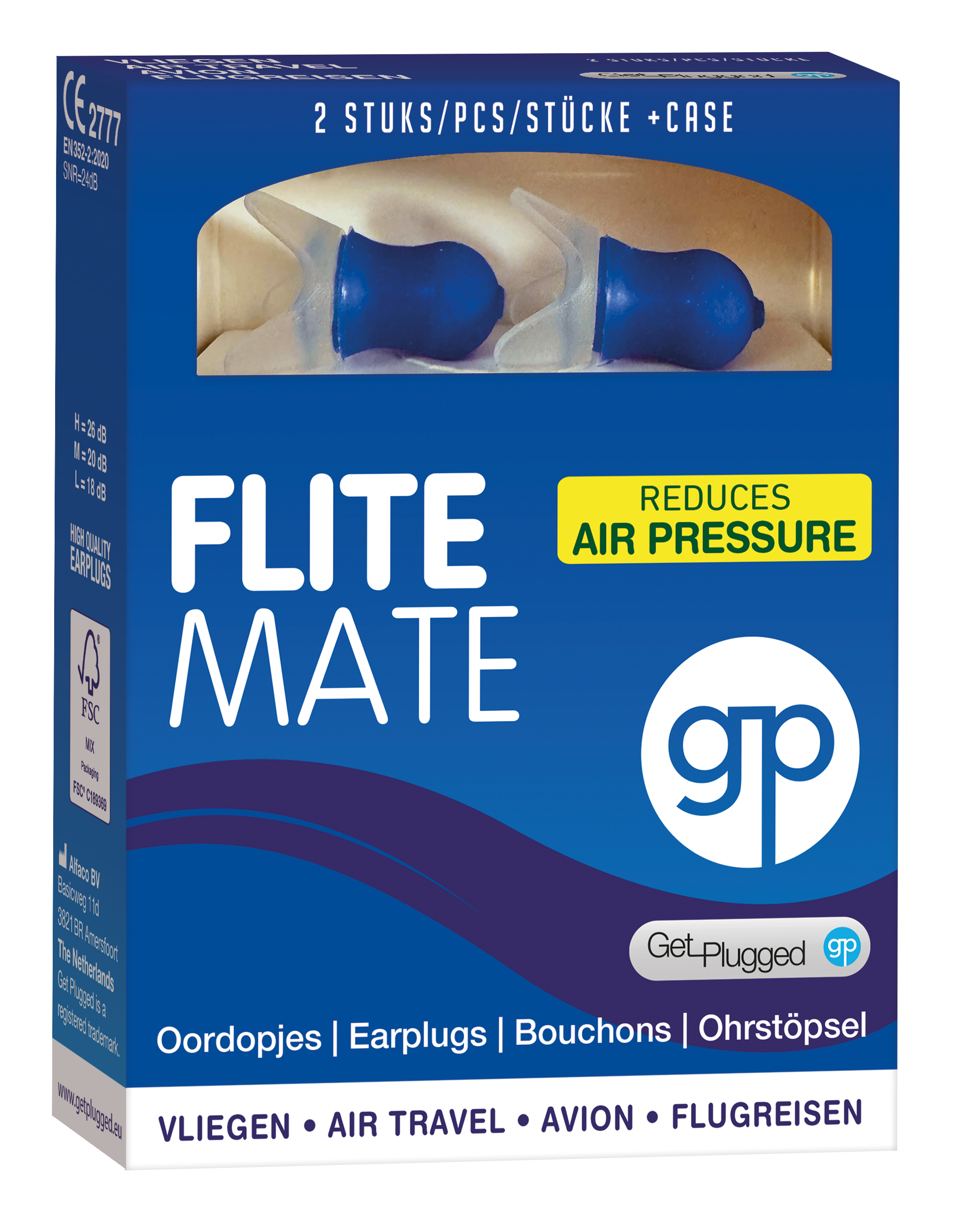 Get Plugged Flite Mate adult earplugs for hearing protection, shown in a close-up image with soft silicone tips.