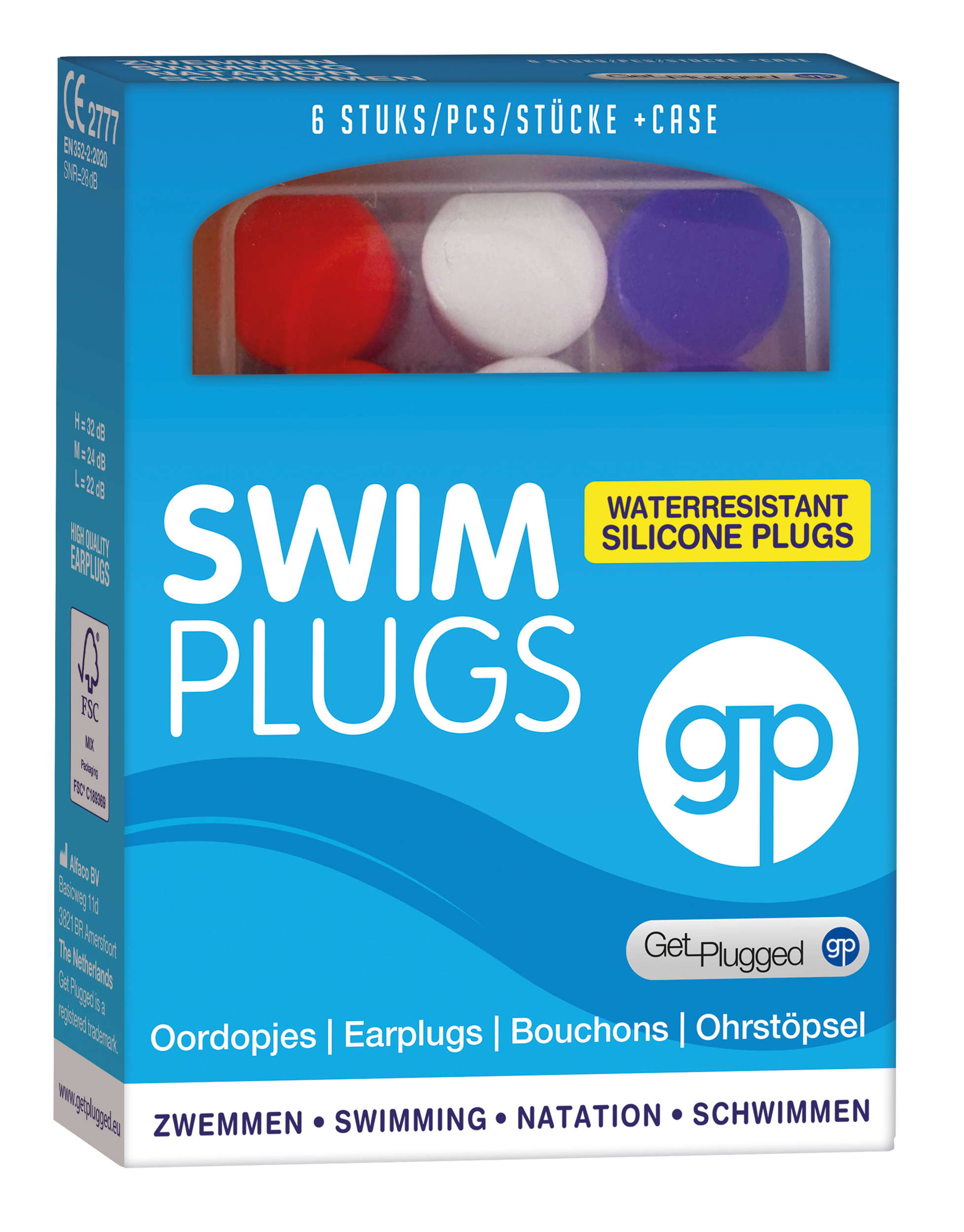 Get Plugged swim earplugs in white, designed for water protection, shown in a close-up with packaging.