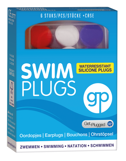 Get Plugged swim earplugs in white, designed for water protection, shown in a close-up with packaging.