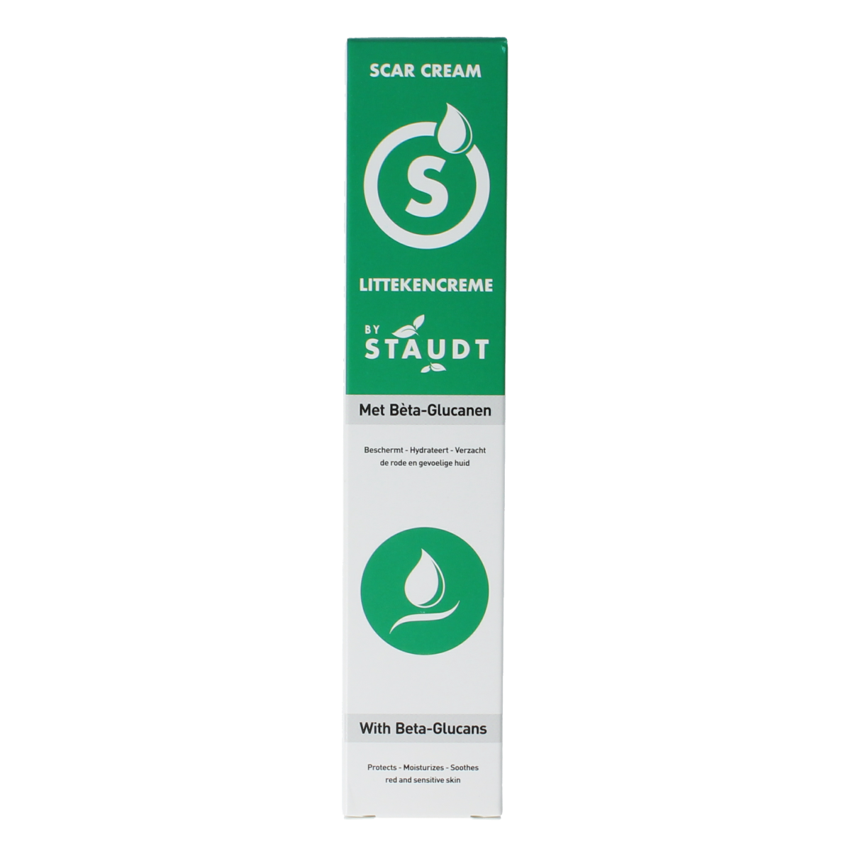 Staudt Littekencreme 40ml body care cream in a white tube with a blue cap, designed for scar treatment and skin soothing.