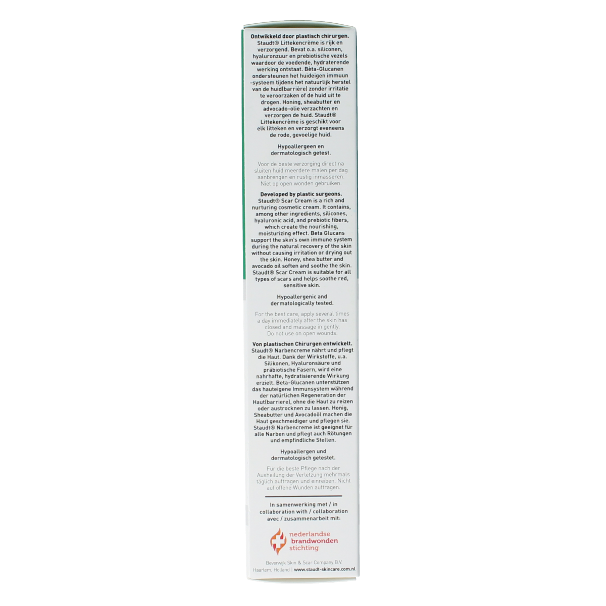 Staudt Littekencreme 40ml, body care product, featuring a tube with the Staudt branding and white packaging.