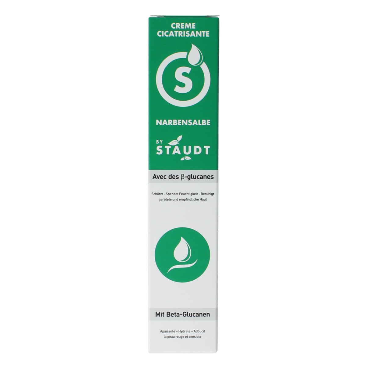 Staudt Littekencreme 40ml body care cream in a white tube with blue and gray accents, designed for scar treatment.