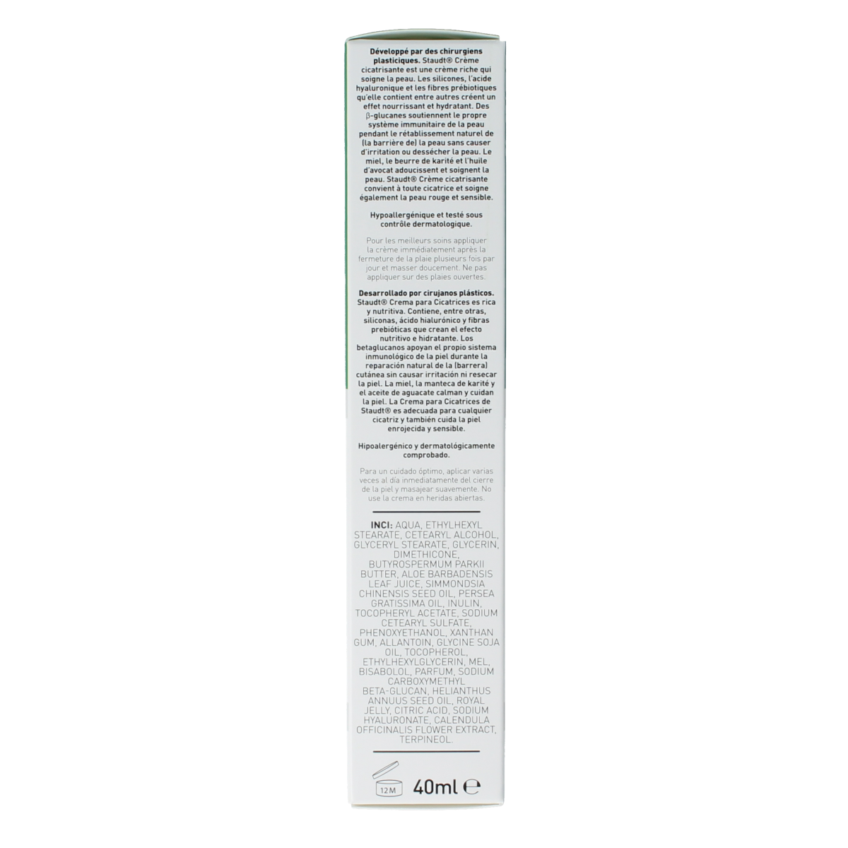 Staudt Littekencreme 40ml, body care cream for scar treatment, with a tube and applicator tip visible in the image.