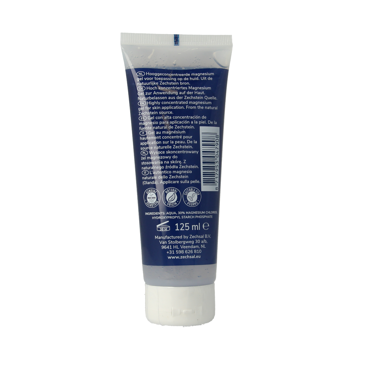 Zechsal Magnesium bodygel 125ml, soothing body care product in a clear tube with label, designed for skin relaxation.