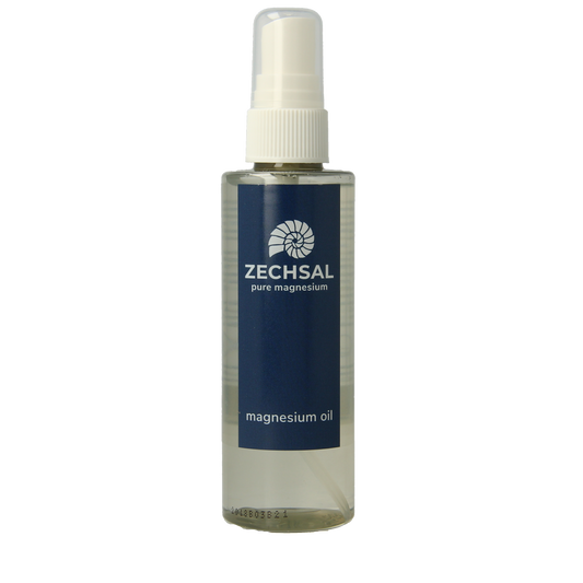 Zechsal Magnesium olie spray 100 ml, a body care product with a spray bottle, designed for skin absorption and relaxation.